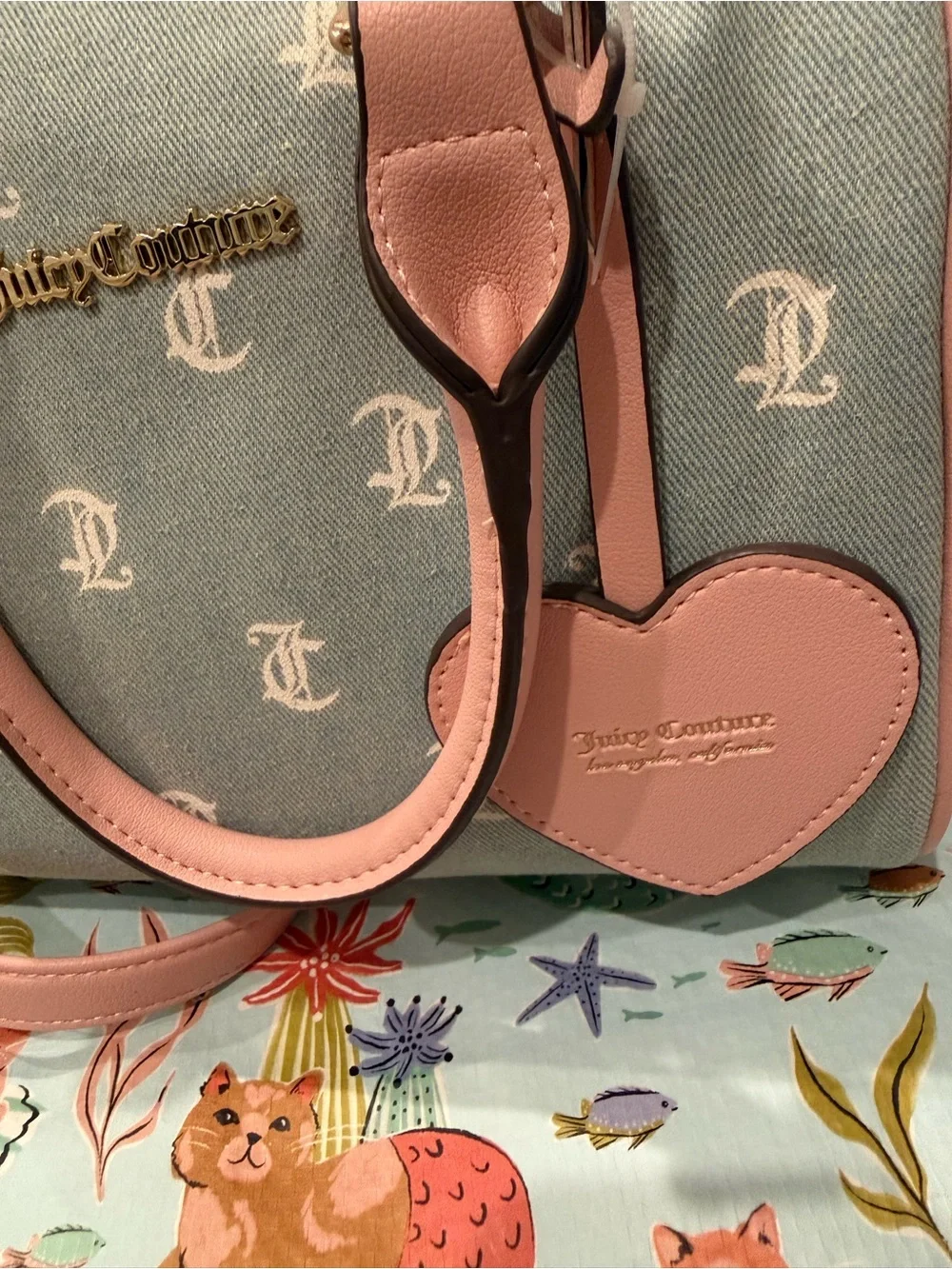 Juicy Couture Denim Purse w Long Strap & White Gothic Lettering w Pink Details